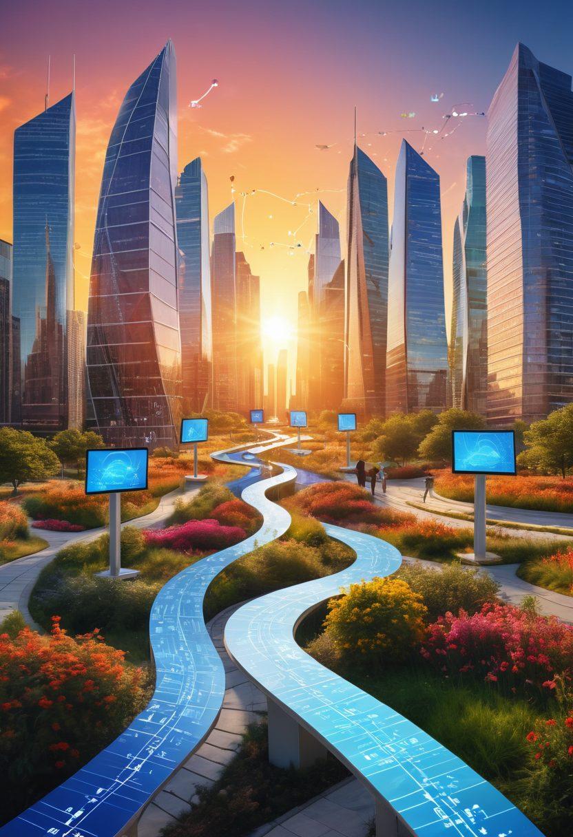 An imaginative pathway winding through a digital landscape, featuring symbols of web solutions like laptops, code snippets, and charts, blooming under a bright sun symbolizing growth. Diverse professionals collaborating in the foreground, enhancing the concept of teamwork and online business success. A skyline of modern skyscrapers in the background representing innovation and technology. vibrant colors. super-realistic.