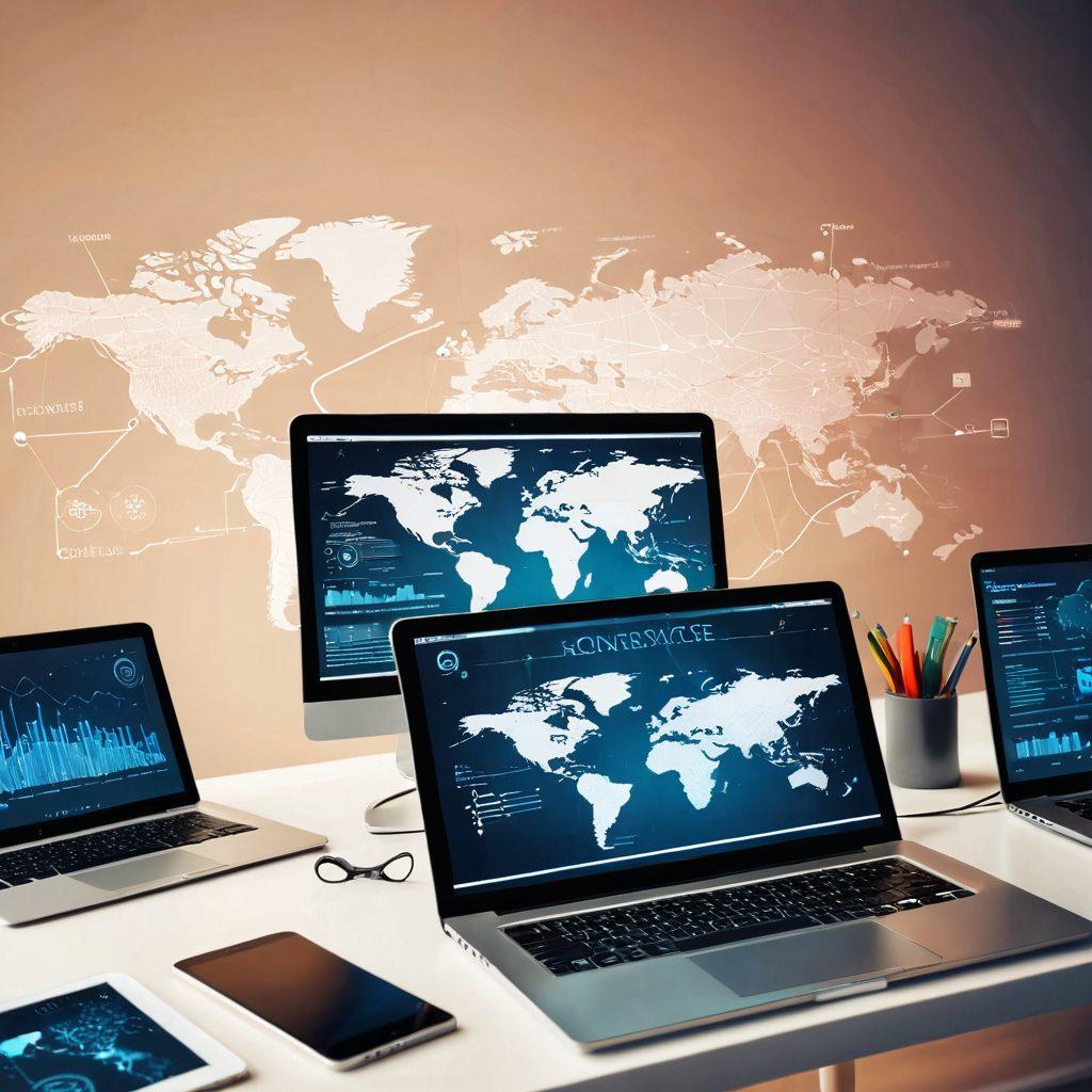 A modern workspace featuring a sleek laptop displaying a digital world map, symbolizing internet connectivity and hosting services. Surrounding the laptop, various devices like smartphones, tablets, and a cloud server illustrate diverse digital solutions. Background includes subtle graphics representing data flow and network connections, with a warm color palette to evoke creativity and innovation. futuristic design. vibrant colors. minimalistic style.
