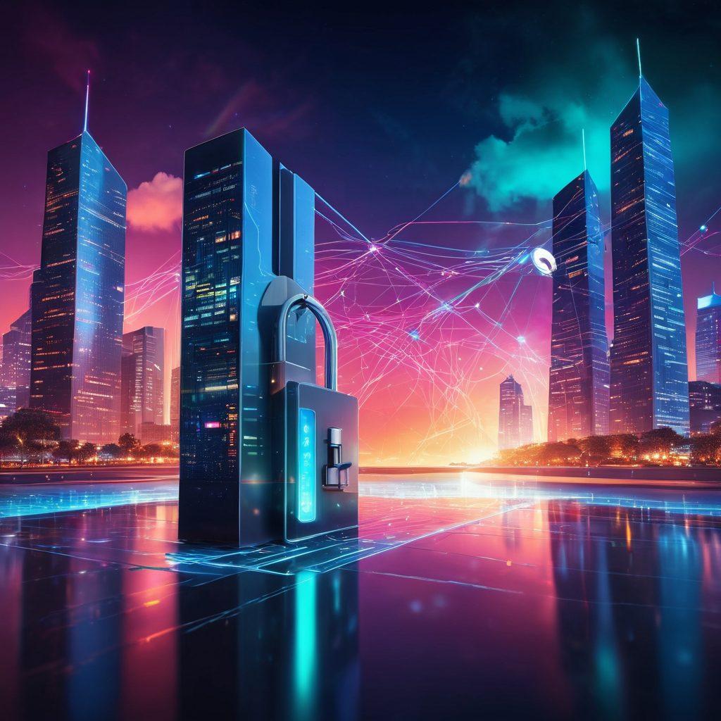 A futuristic cityscape showcasing vibrant digital networks and interconnected buildings, with a glowing key unlocking a bright portal symbolizing online success. Integrate abstract elements representing internet and hosting solutions, such as servers and cloud icons. The scene should be dynamic and inviting, encouraging exploration of new possibilities. surrealism. vivid colors. high contrast.